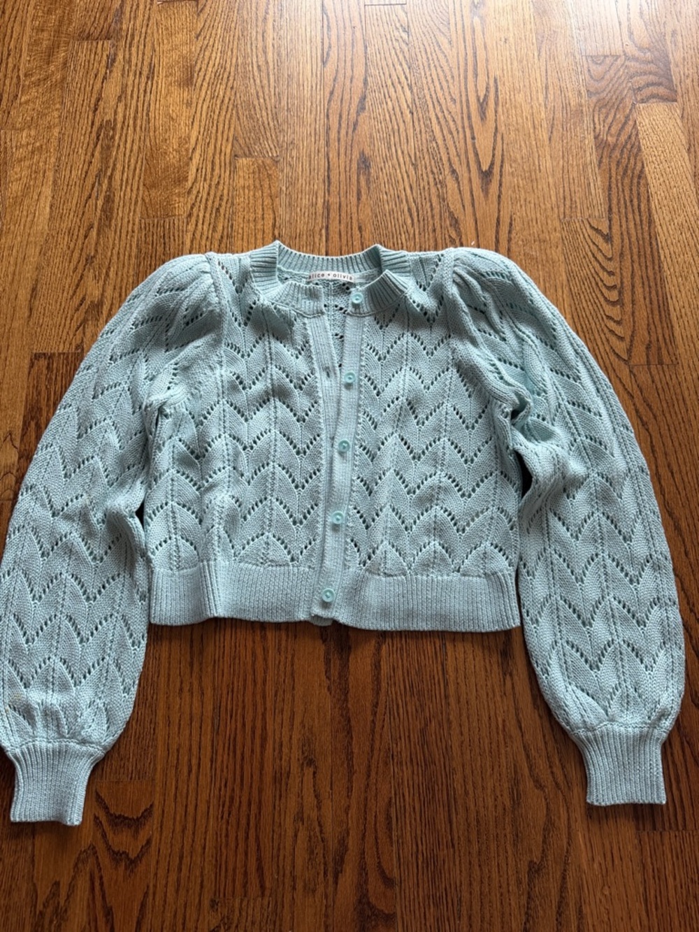 Alice + Olivia Pale Blue Openwork Button-Front Cardigan